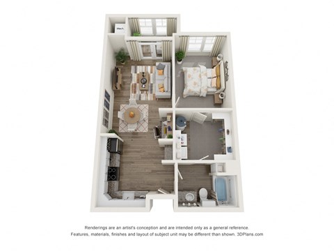 Floor plan for 1 bed, 1 bath, 804 sqft